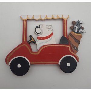 Bulldog Dandy Wooden Painted 3-D Christmas Tree Ornament Golf Cart
